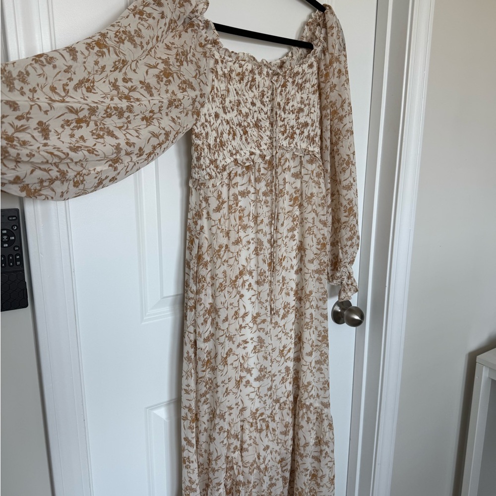 Lulu's Cream Maxi Dress with Brown Floral Print